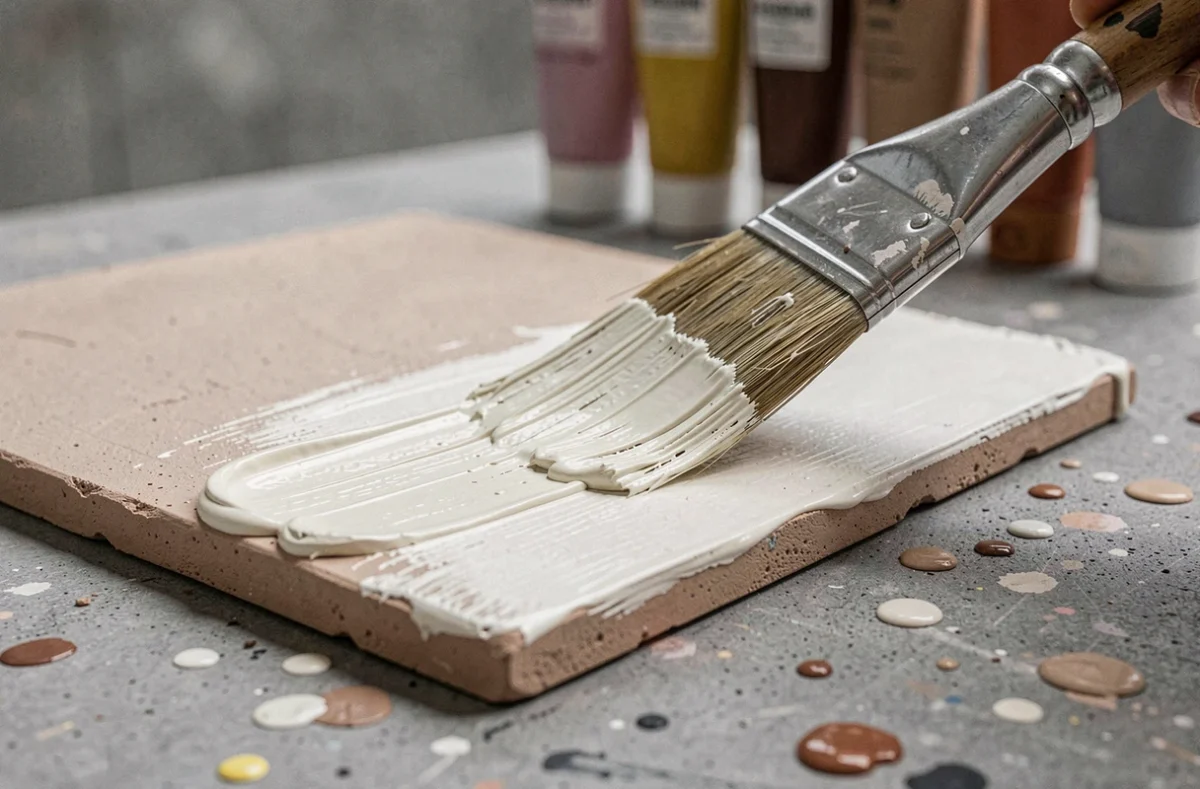 Gros plan d'un pinceau appliquant de la peinture mate blanche sur une tuile en argile autodurcissante révélant la texture poreuse de la surface