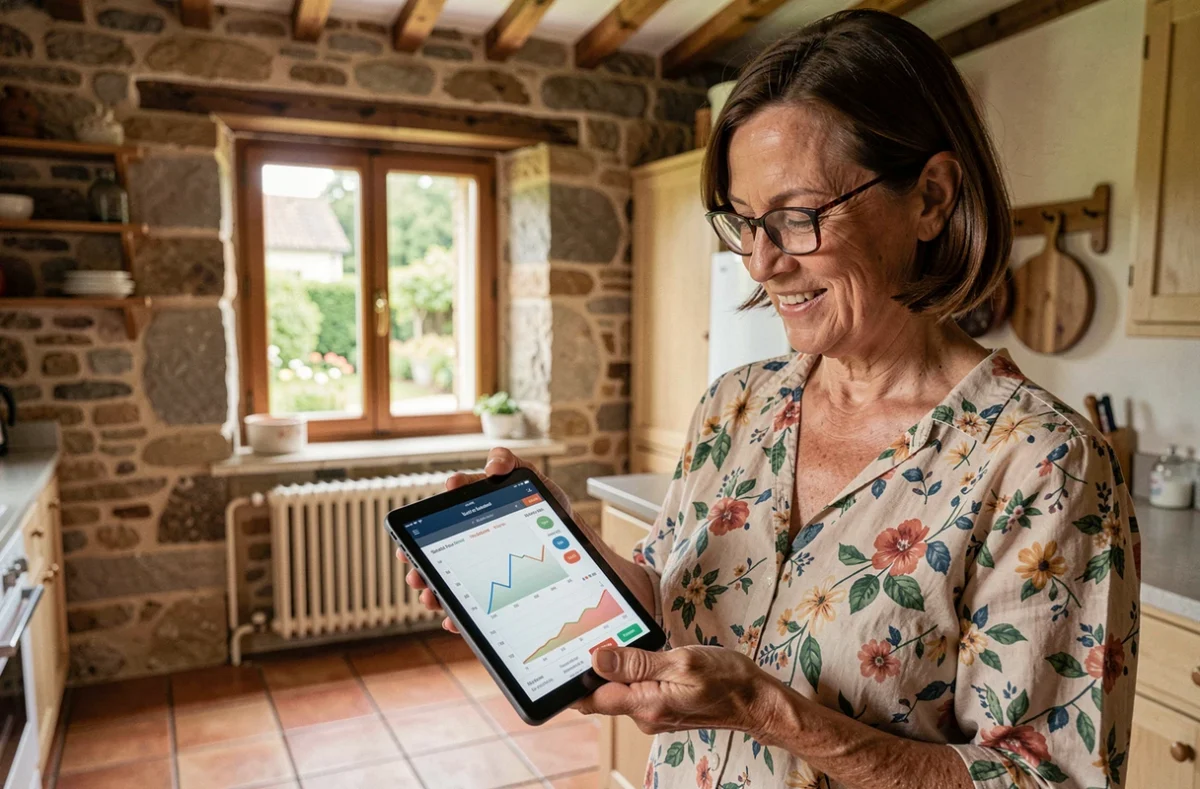 Habitante d'une petite commune rurale consultant les données de production de son installation solaire sur tablette