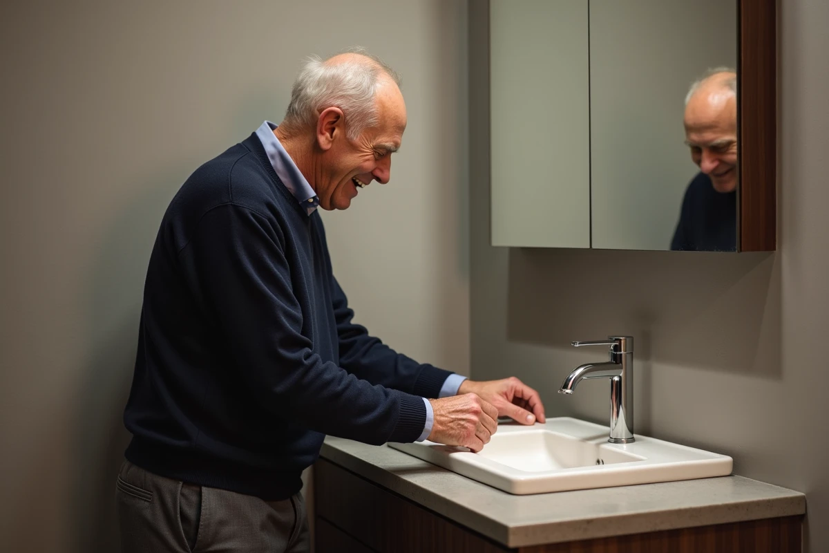 Homme d age ajustant un petit lavabo dans une salle de bain chaleureuse