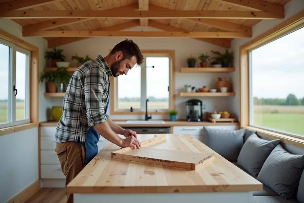 Jeune homme assemble un meuble dans une tiny house