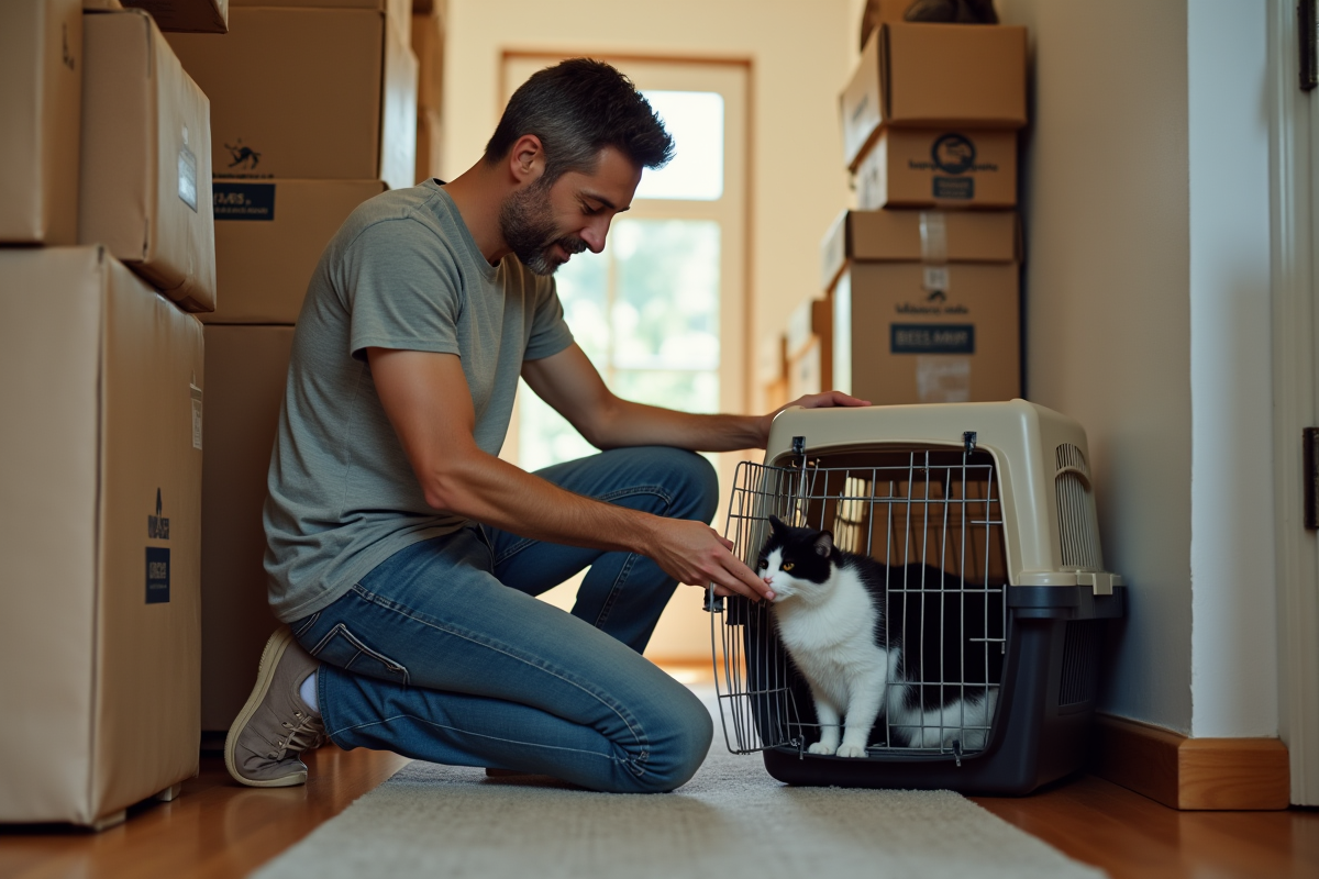 Homme rassurant son chat dans une cage de transport