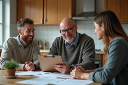 Homme souriant avec un classeur rencontre un couple dans la cuisine
