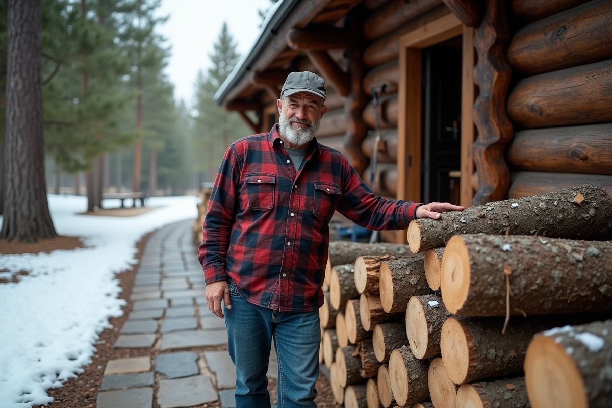 Homme empilant du bois devant une cabane en forêt