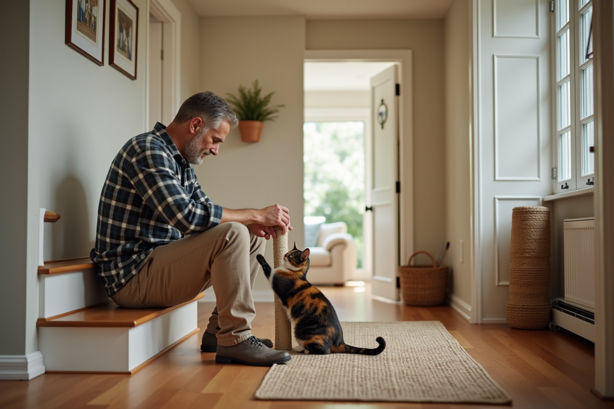 Homme regardant son chat explorer un arbre à chat