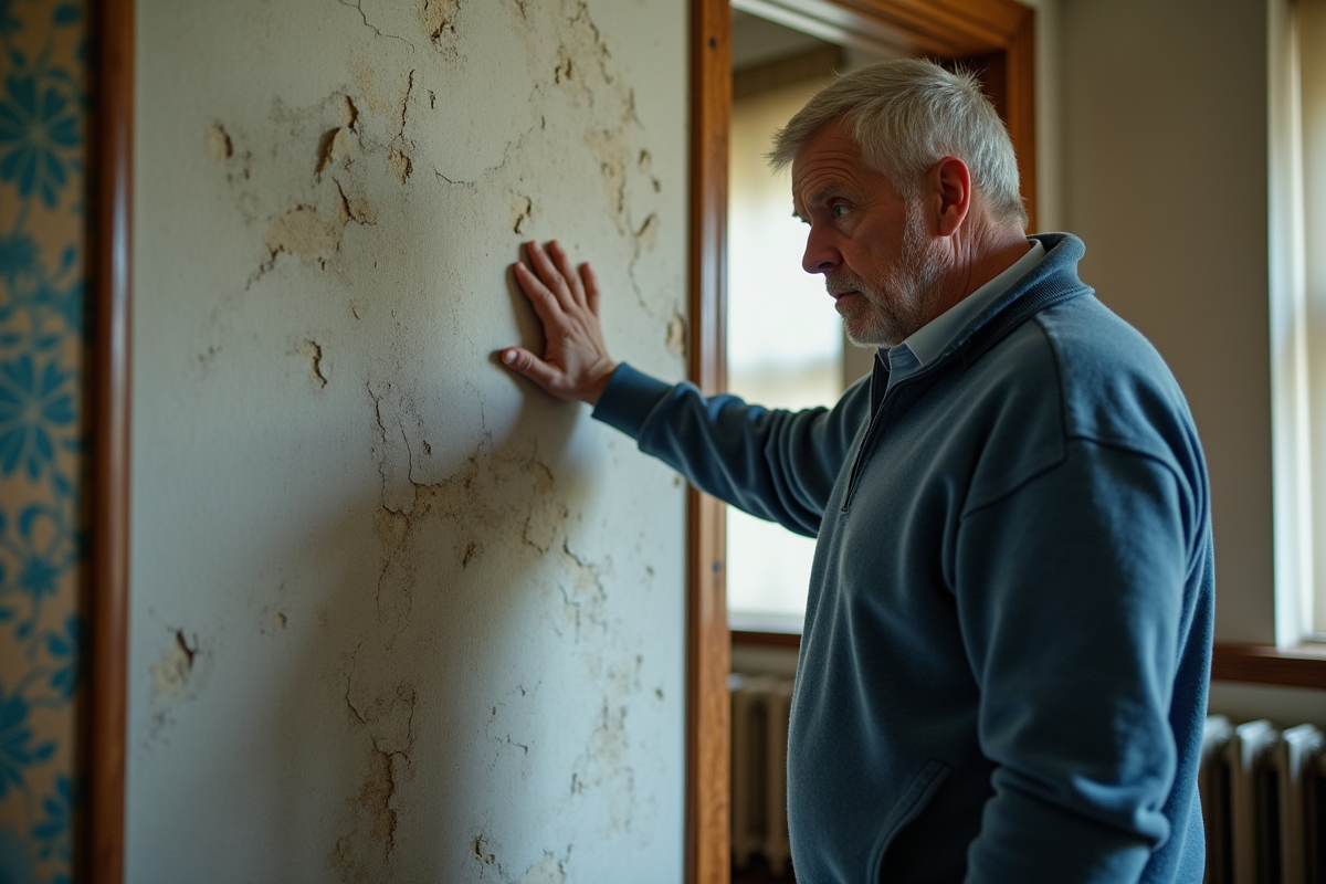 Homme regardant un mur intérieur endommagé par le sel