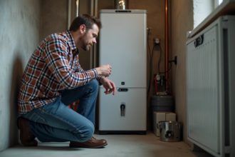 Homme vérifiant la chaudière à fioul dans une pièce propre