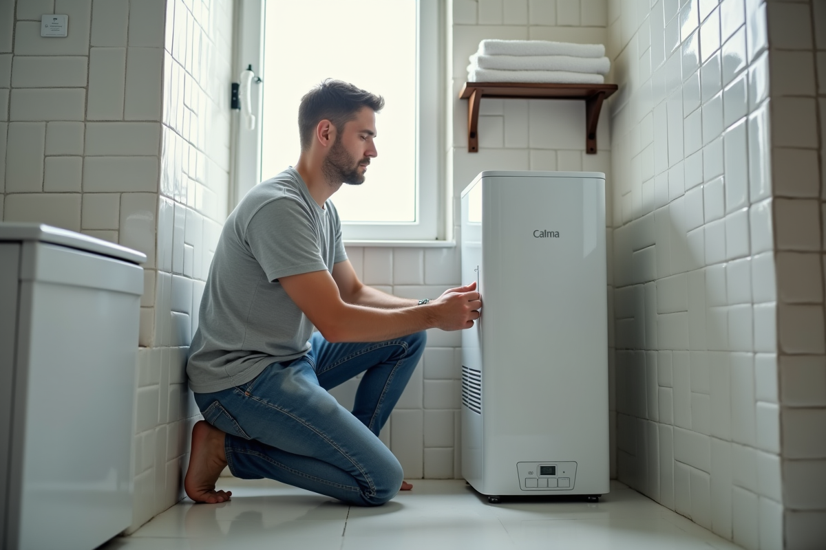 Homme d'âge moyen vérifiant le panneau de contrôle d'un chauffe-eau dans une salle de bain