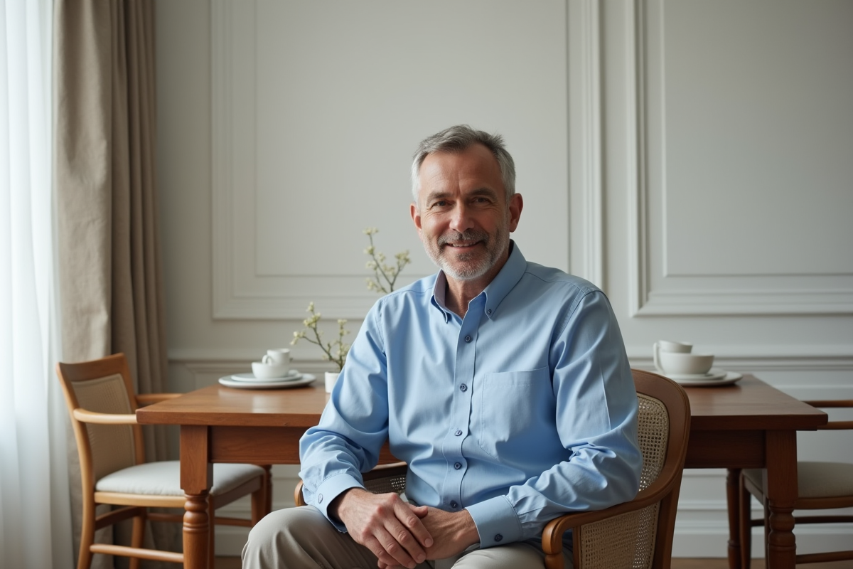 Homme assis près d’un mur en bois blanc dans la salle à manger