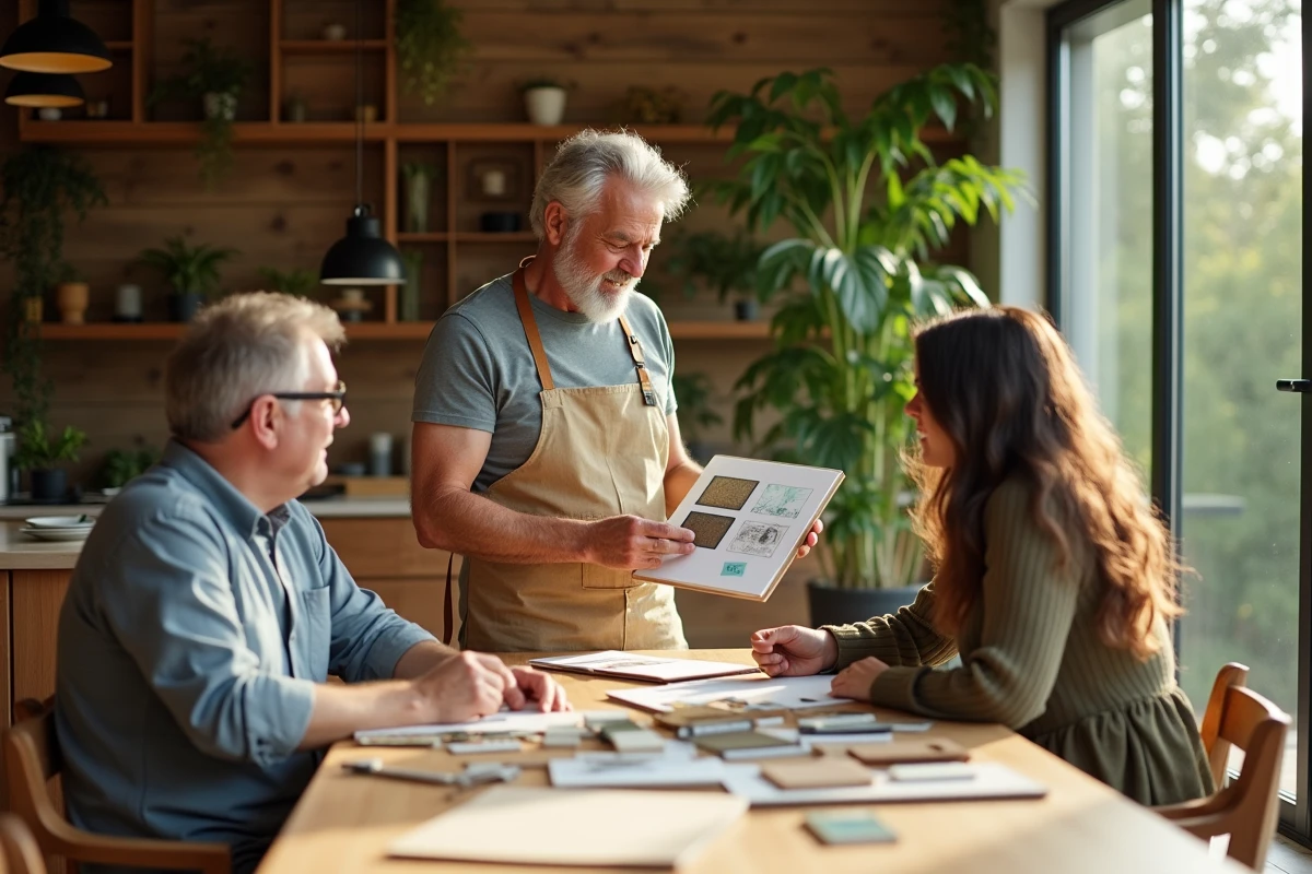 Homme présentant des échantillons de matériaux durables en intérieur