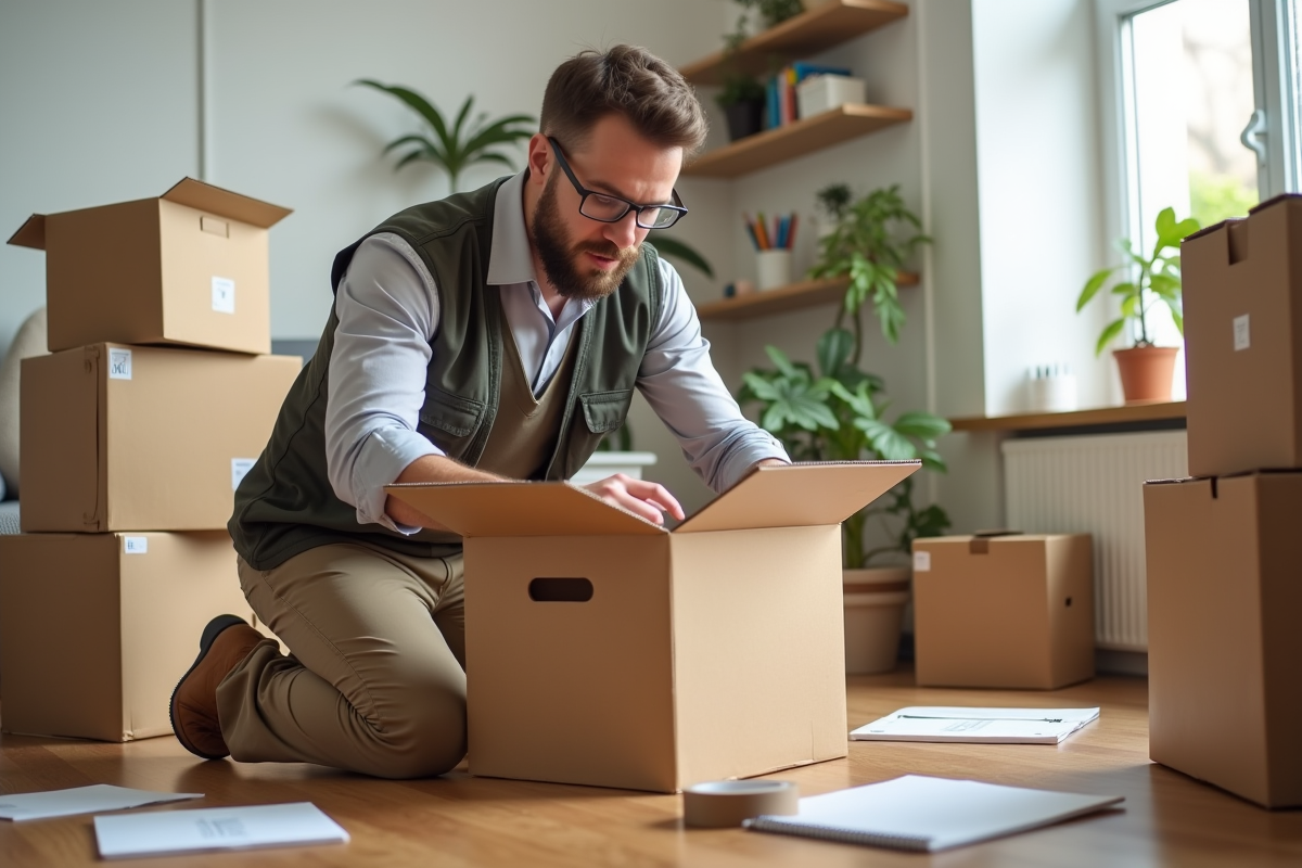 Jeune homme assemblant un carton dans un salon