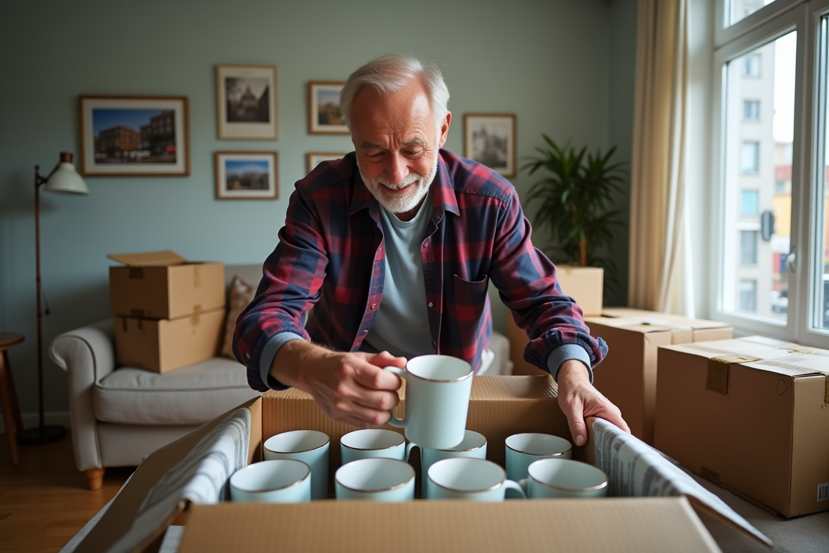 Homme âgé plaçant des mugs dans une boîte en carton