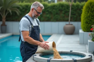 Homme en overalls versant du filtre dans une piscine