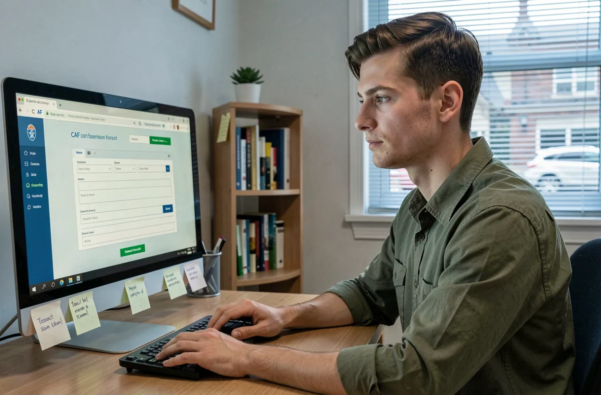 Jeune homme remplissant un formulaire en ligne sur le site de la CAF pour déclarer son foyer et obtenir la prime d'activité
