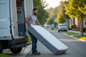 Homme portant un matelas à côté d'une camionnette dans un quartier résidentiel