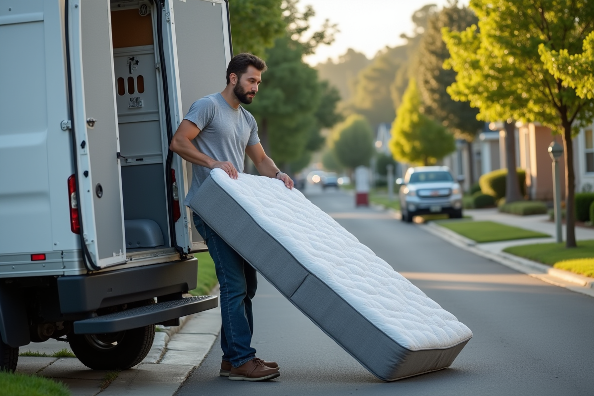 Homme portant un matelas à côté d'une camionnette dans un quartier résidentiel