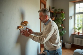 Homme examinant des champignons sur un mur de salon lumineux