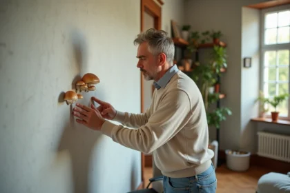 Homme examinant des champignons sur un mur de salon lumineux