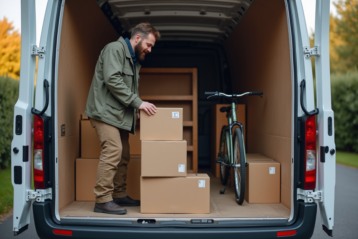 Homme avec barbe arrangeant des cartons dans un camion de déménagement