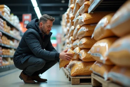 Homme d'âge moyen examinant des sacs de pellets de bois en supermarché