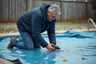 Homme d'âge moyen utilisant une pompe manuelle sur une piscine couverte en hiver