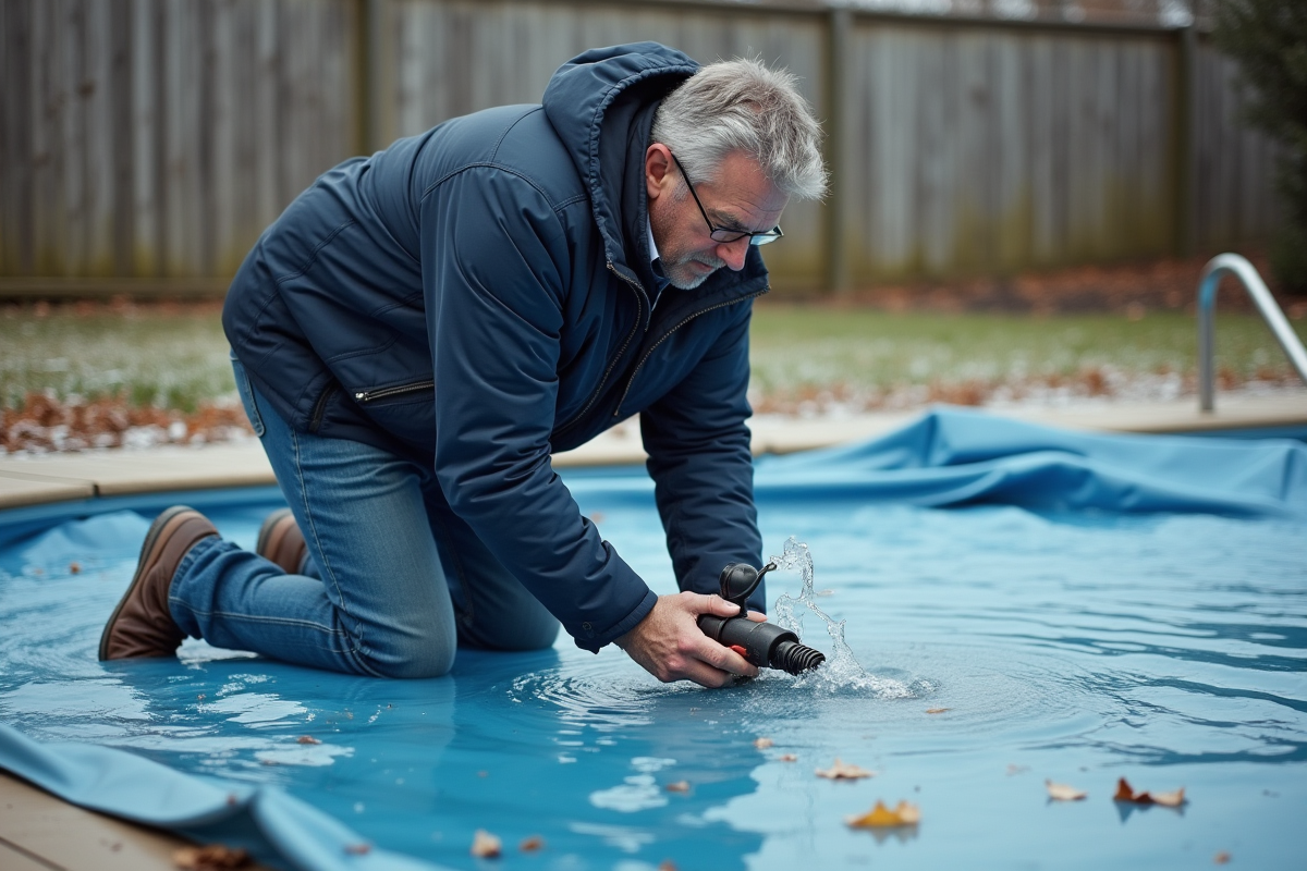 Homme d'âge moyen utilisant une pompe manuelle sur une piscine couverte en hiver