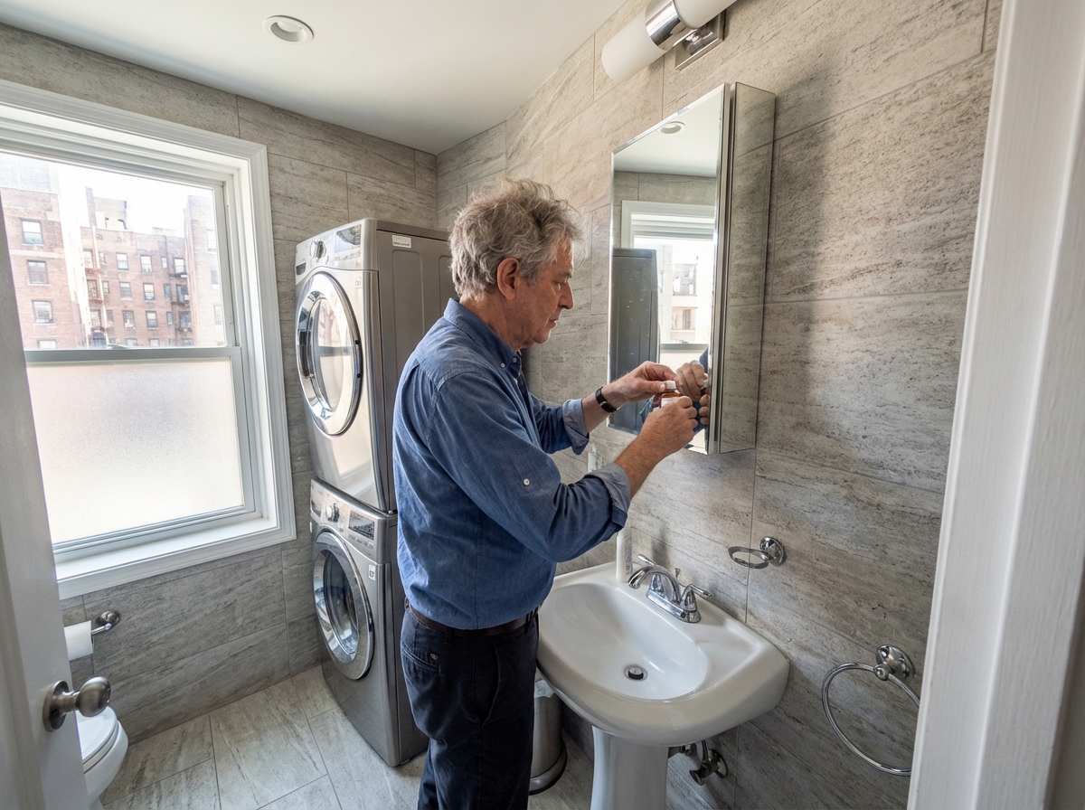 Homme âgé plaçant des produits dans un meuble miroir de salle de bain