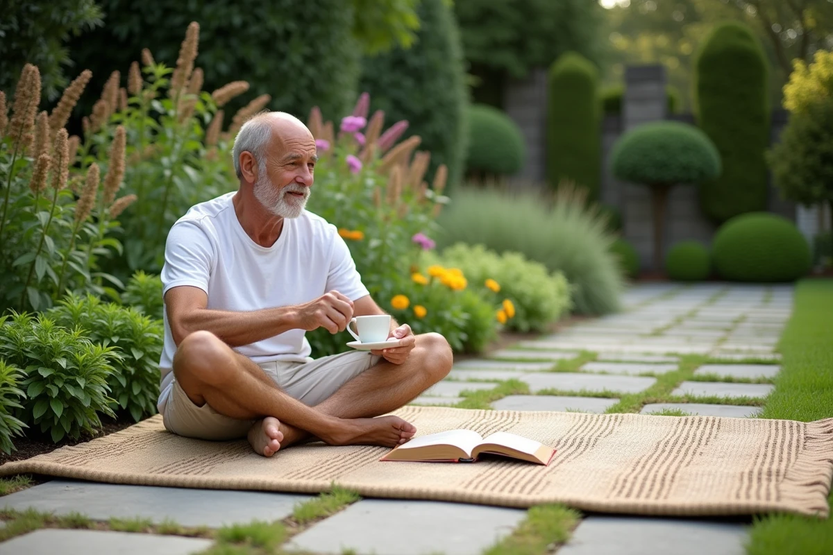 Homme détendu assis sur un tapis dans un jardin en été