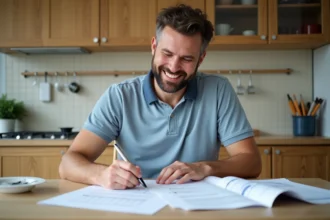 Homme souriant examine des devis de renovation dans sa cuisine