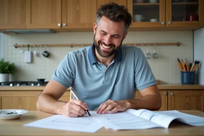 Homme souriant examine des devis de renovation dans sa cuisine