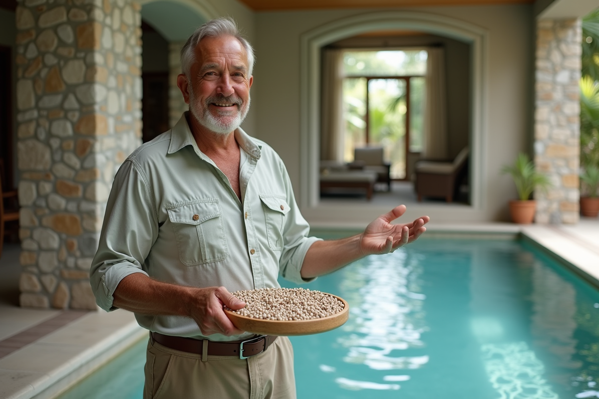 Homme d age tenant dispositif de filtration dans spa intérieur