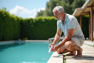 Homme d'âge moyen avec thermomètre dans la piscine
