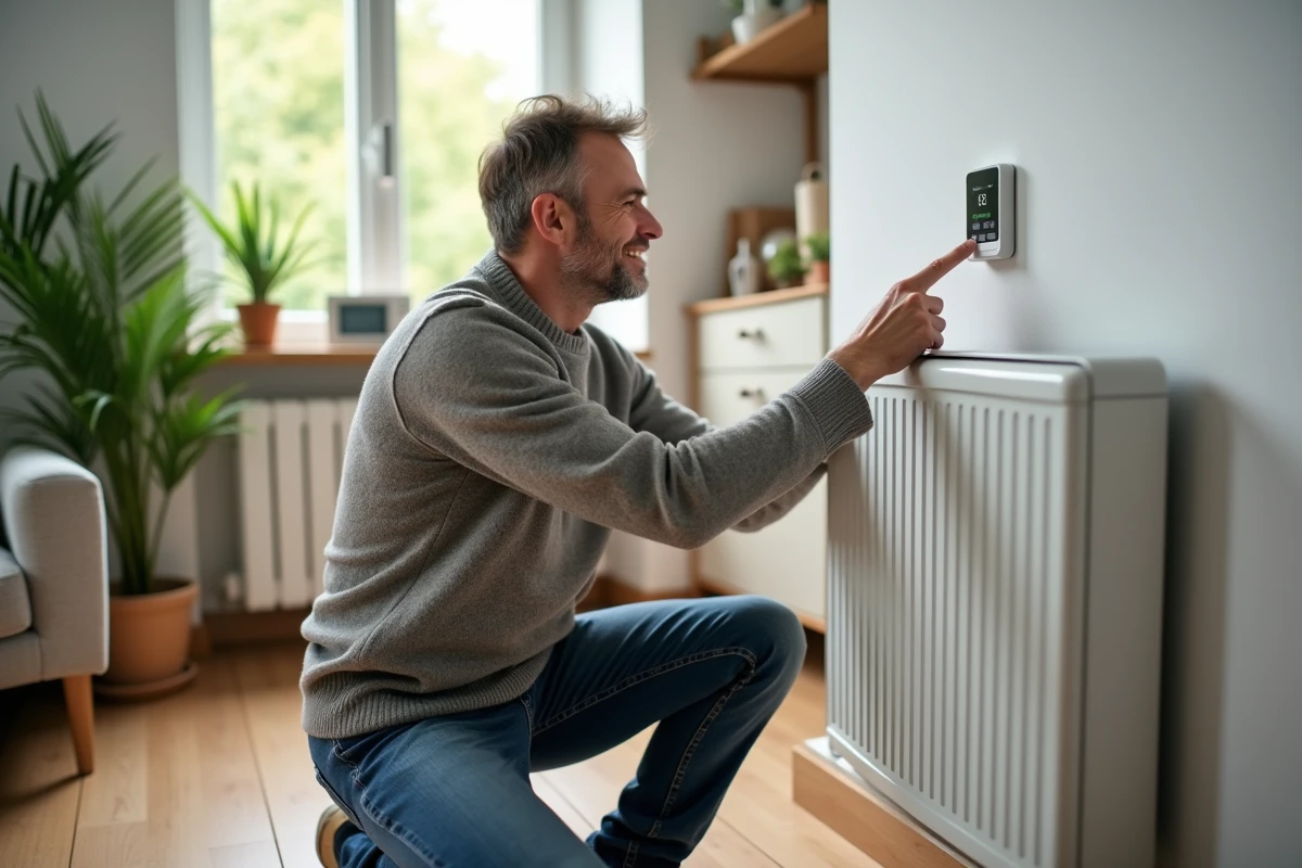 Homme moyenâgeux examine thermostat dans salon moderne