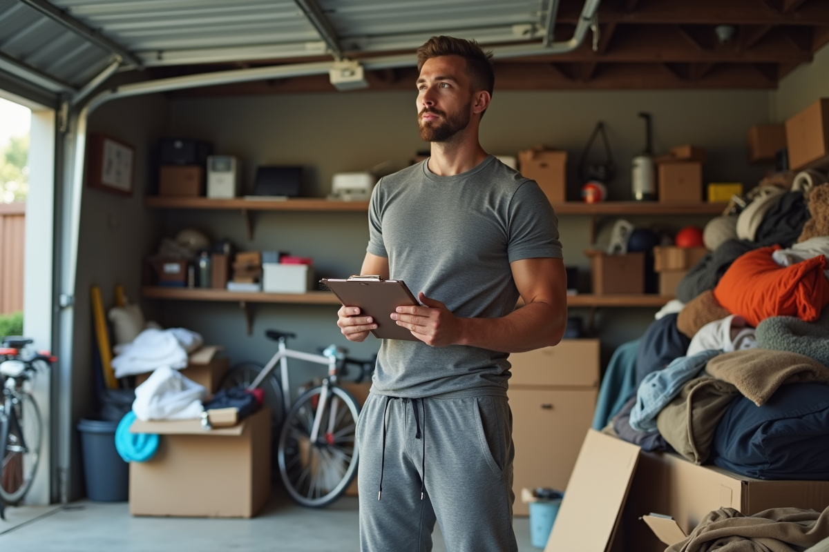 Jeune homme dans son garage en train de faire le tri des objets