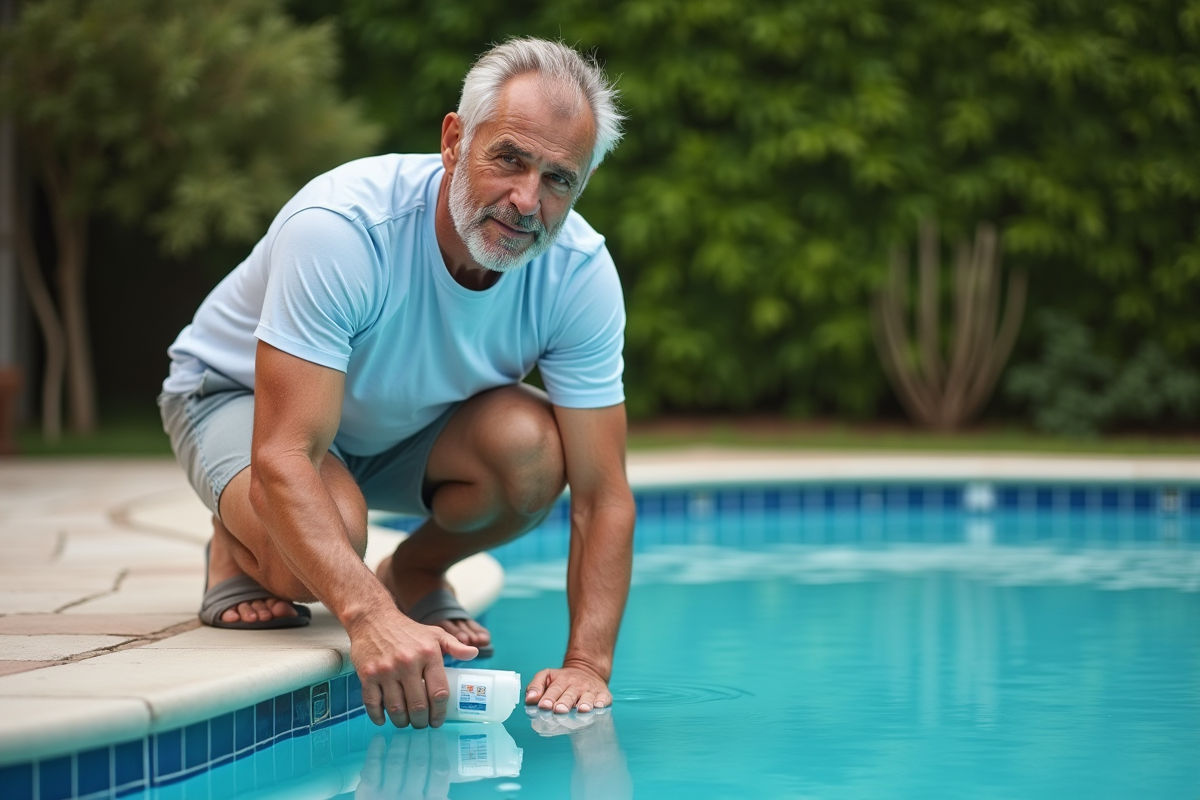 Homme vérifiant la piscine avec un produit chimique