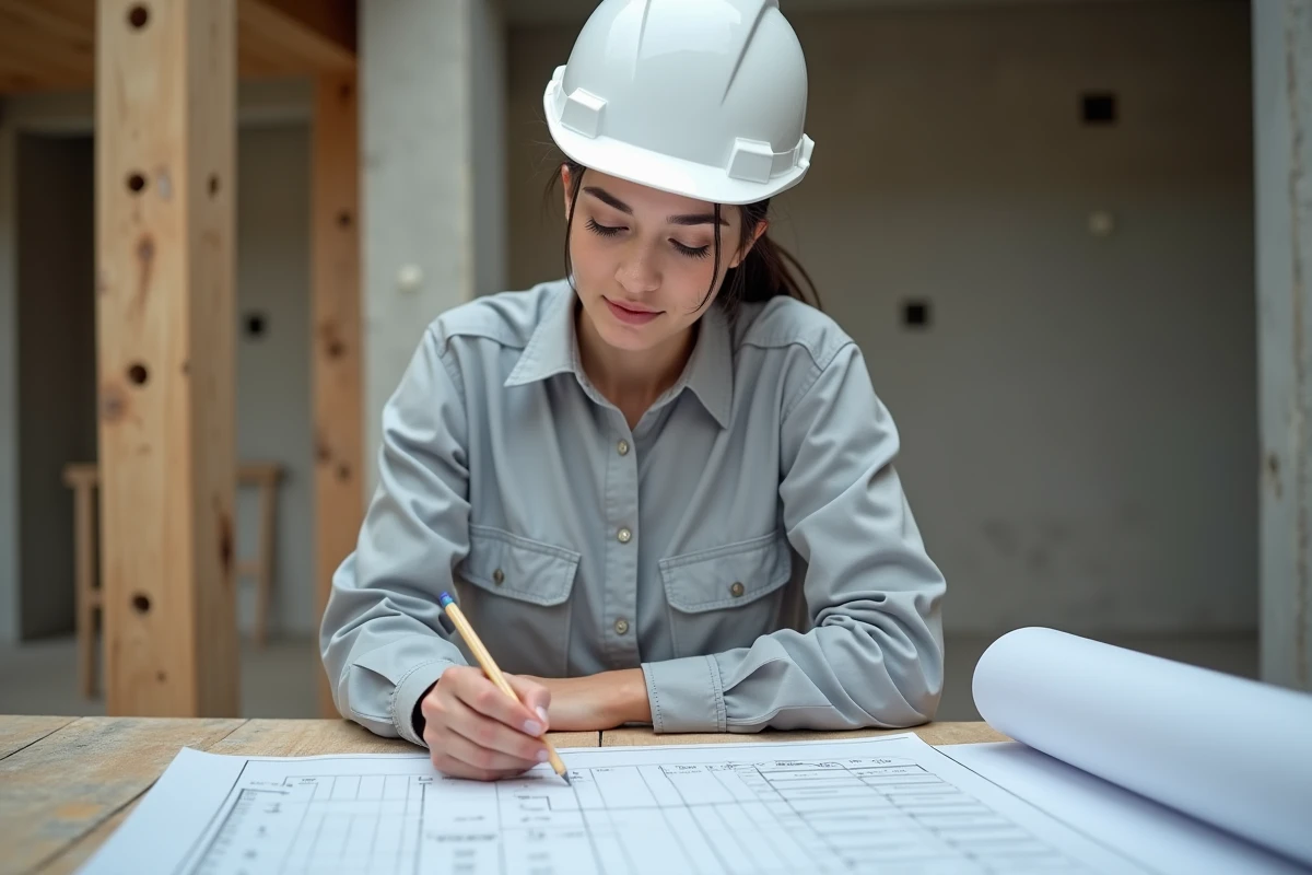 Ingénieure en génie civil calculant les m3 de béton nécessaires sur des plans techniques posés sur une table de chantier