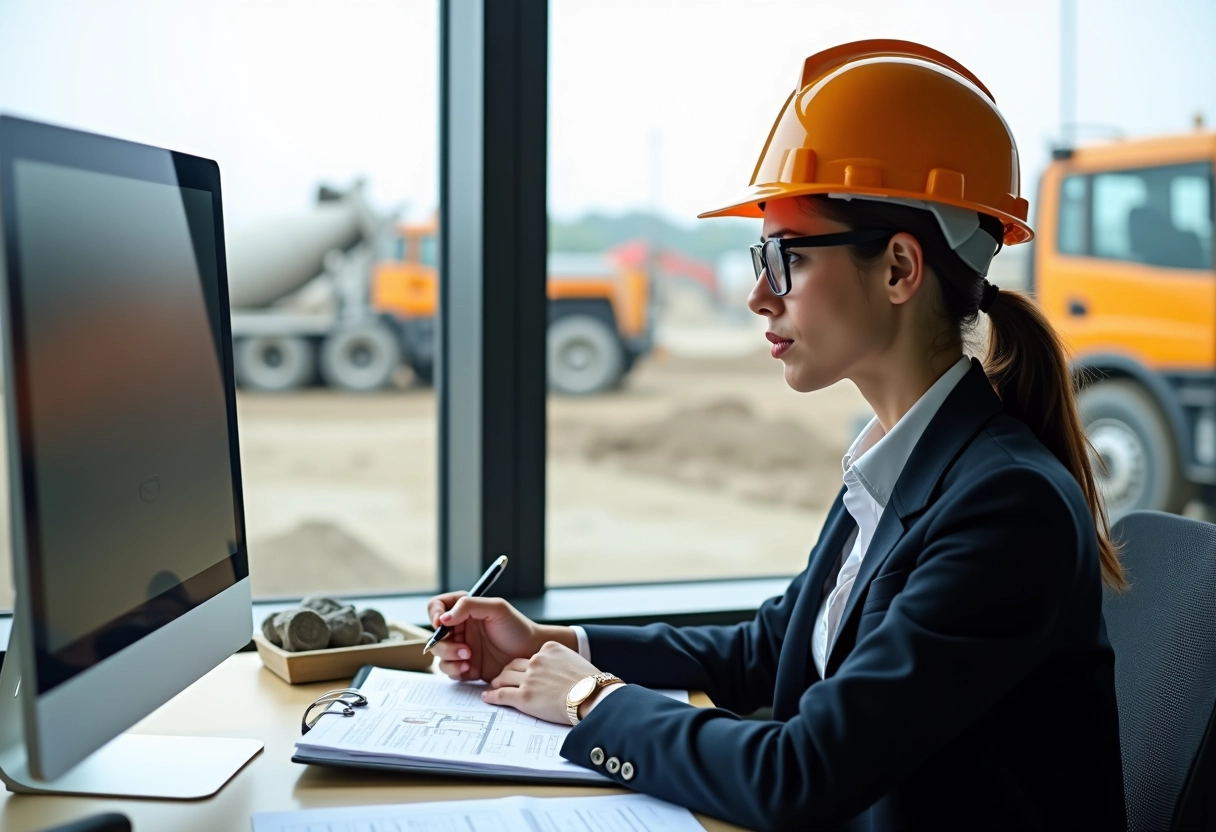 Ingénieure civile en bureau avec plans et échantillons de béton