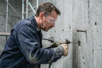 Ouvrier utilisant un pistolet à cartouche pour injecter du ciment chimique dans une paroi en béton lors d'un chantier industriel
