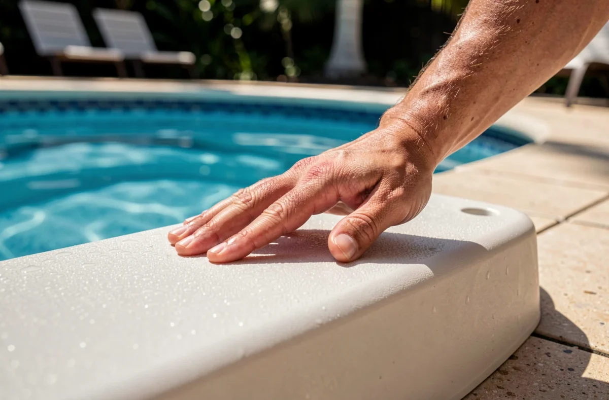 Inspection d'une marche d'escalier de piscine en plein jour