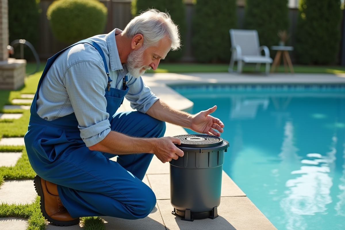 Homme en overalls examine un filtre de piscine extérieur