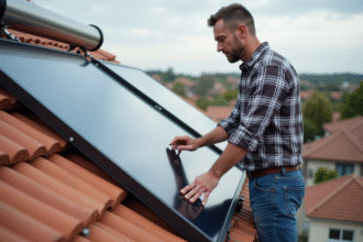 Homme inspectant un panneau solaire thermique sur le toit