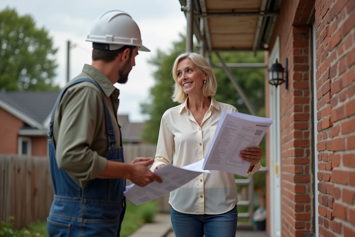 Femme inspectant des travaux de renovation sur une facade