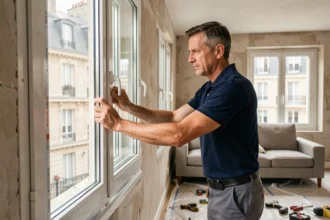 Installateur posant un double vitrage dans un appartement rénové à Paris, vue en contre-plongée