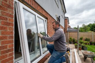 Homme installant une fenetre blanche en extérieur