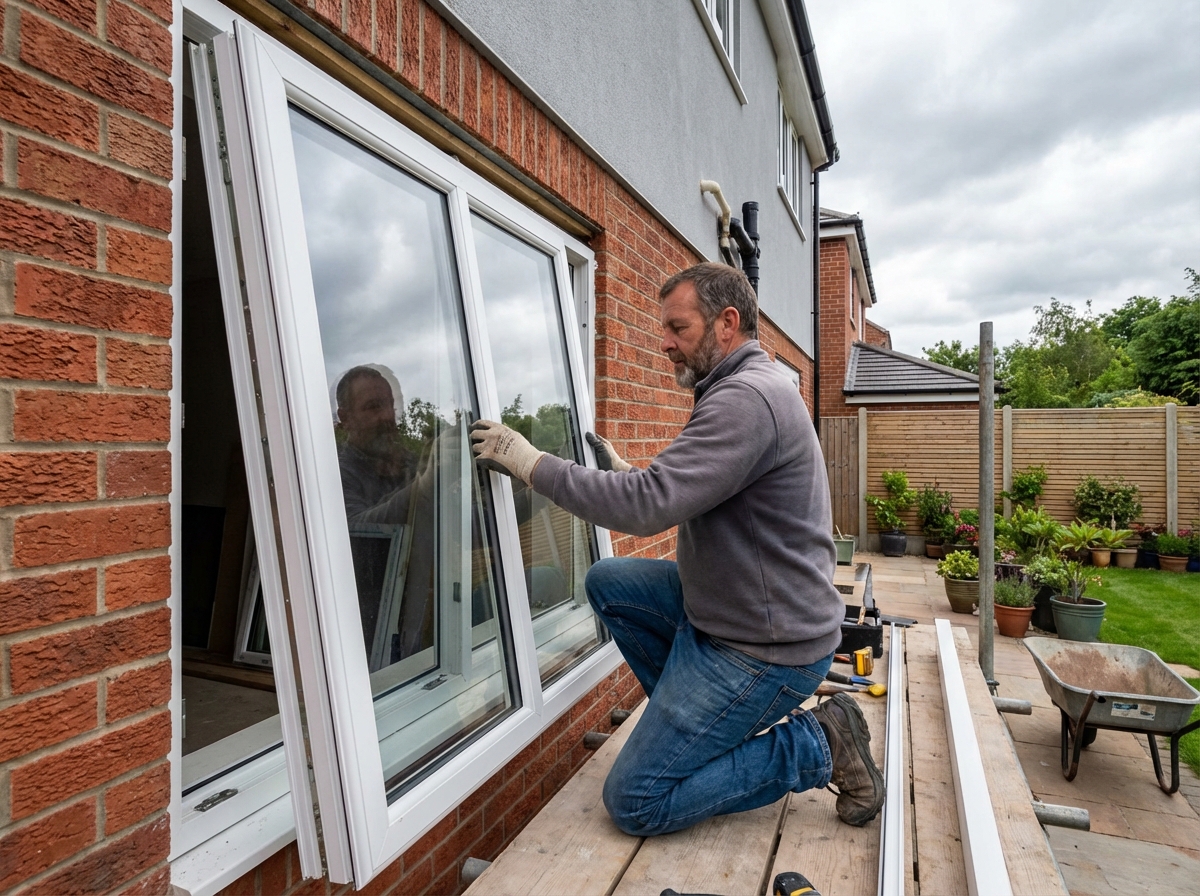 Homme installant une fenetre blanche en extérieur
