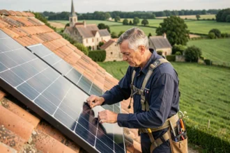 Technicien installant des panneaux solaires sur le toit d'une ferme en pierre dans un village rural français