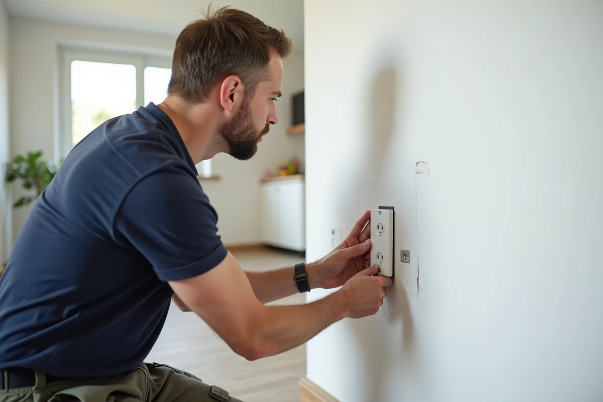 Électricien installant une prise TV murale design dans une rénovation intérieure contemporaine