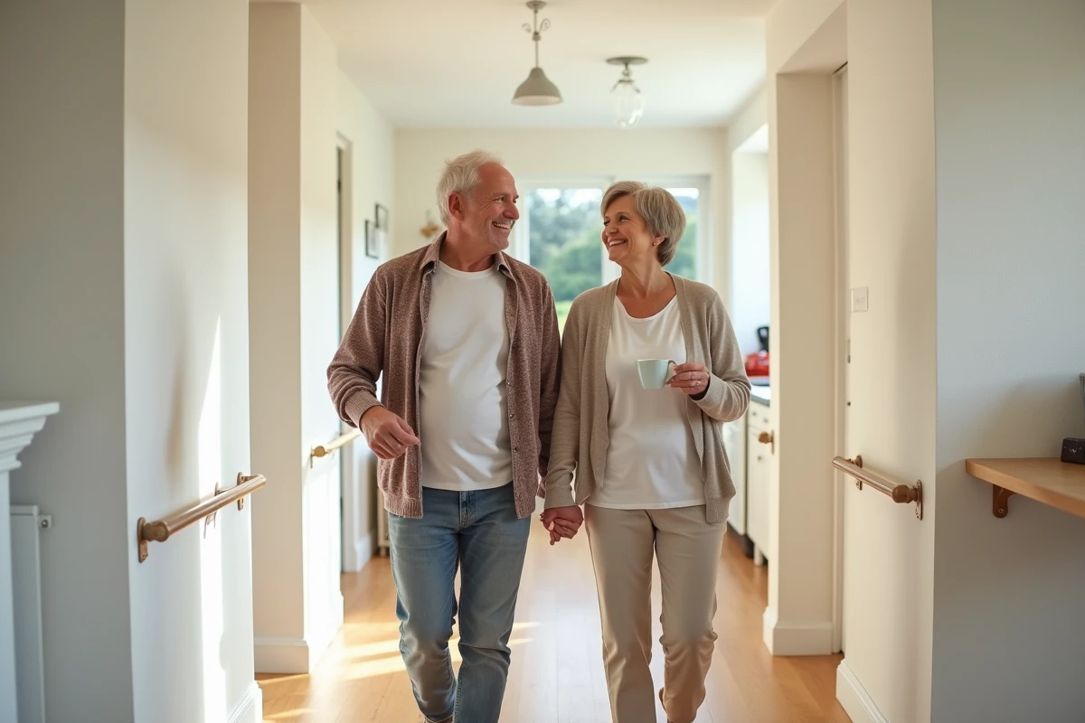 Couloir large et accessible dans une maison plain pied en L aménagée pour les seniors