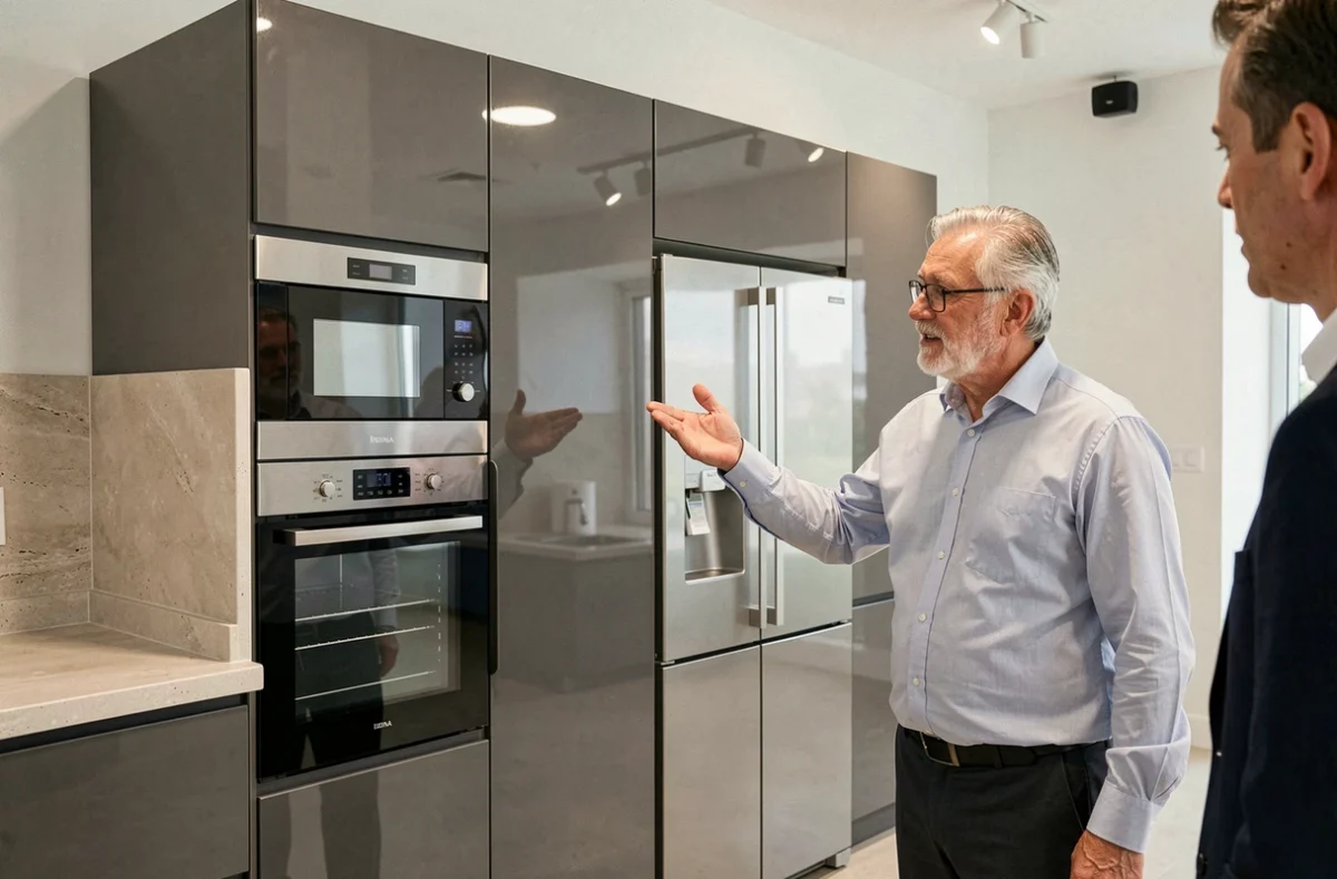 Cuisine équipée complète Ixina avec colonne électroménager intégrée et façades anthracite brillant dans le Nord