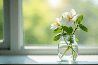 Jasmin en verre avec lumière naturelle sur une fenêtre