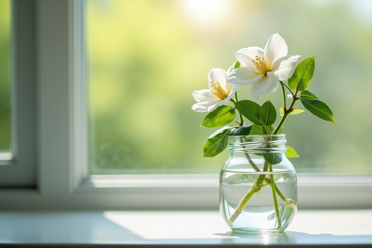 Jasmin en verre avec lumière naturelle sur une fenêtre